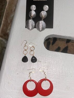 BaubleBar Silver textured  drop earrings, red and black earrings  total of 3 set